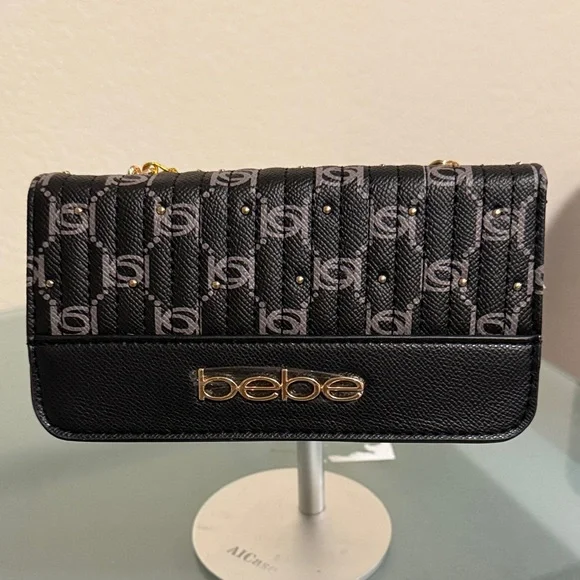Bebe Black & Gray Logo Clutch w/Gold studs. Cinzia printed monogram crossbody - Picture 1 of 8